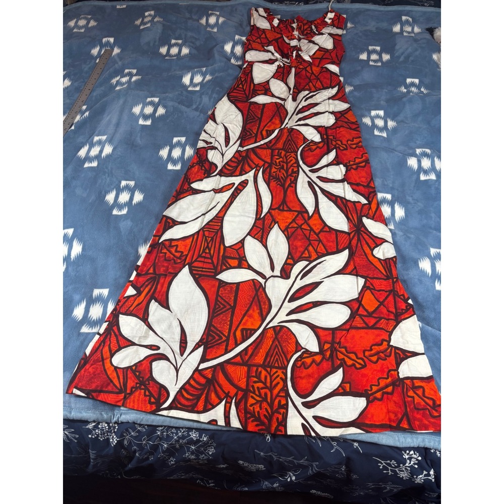 Vintage Tia Hawaii Maxi Dress Red Orange Tropical Leaf Print Ruffle Neck 53in